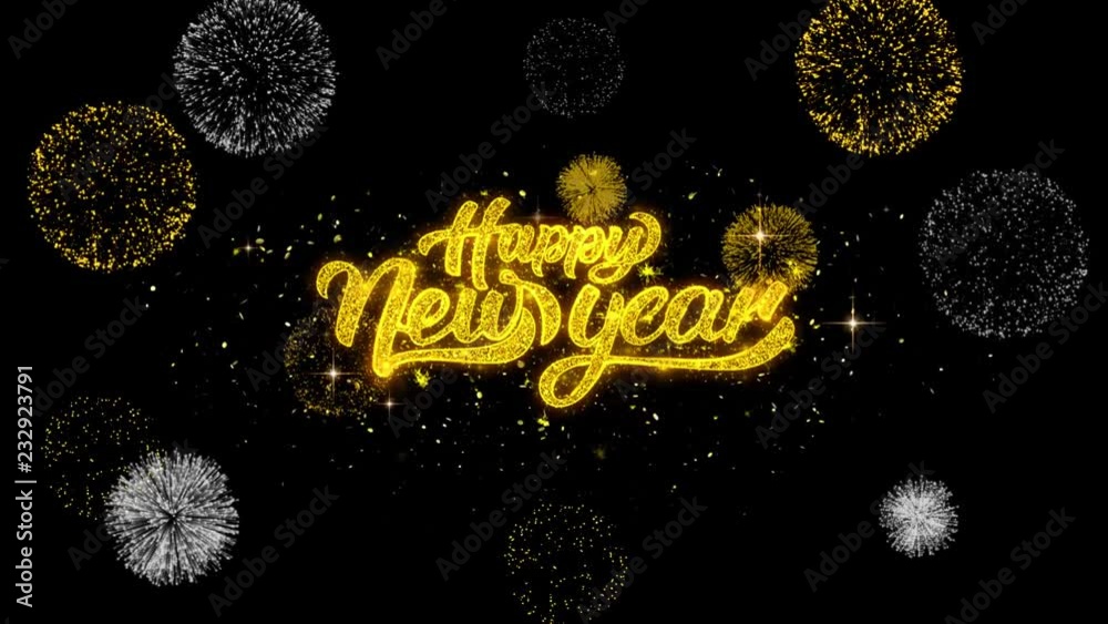 Happy new year Gold Design Shining Pattern. greeting blinking particles fireworks Display 4K for Greeting card, Celebration, Invitation, calendar, Gift, Events, Message, Holiday, Wishes .