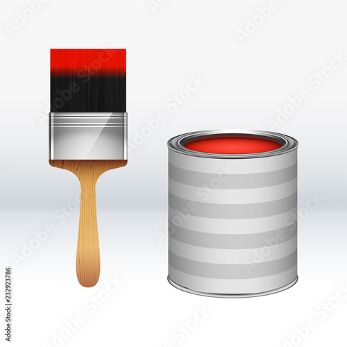 Cartoon red paint bucket with and paint brush. Vector illustration. Isolated
