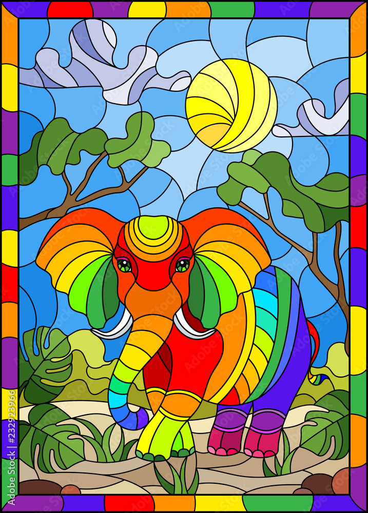 Illustration in stained glass style with cute rainbow elephant on the background of green trees of cloudy sky and sun, in bright frame 