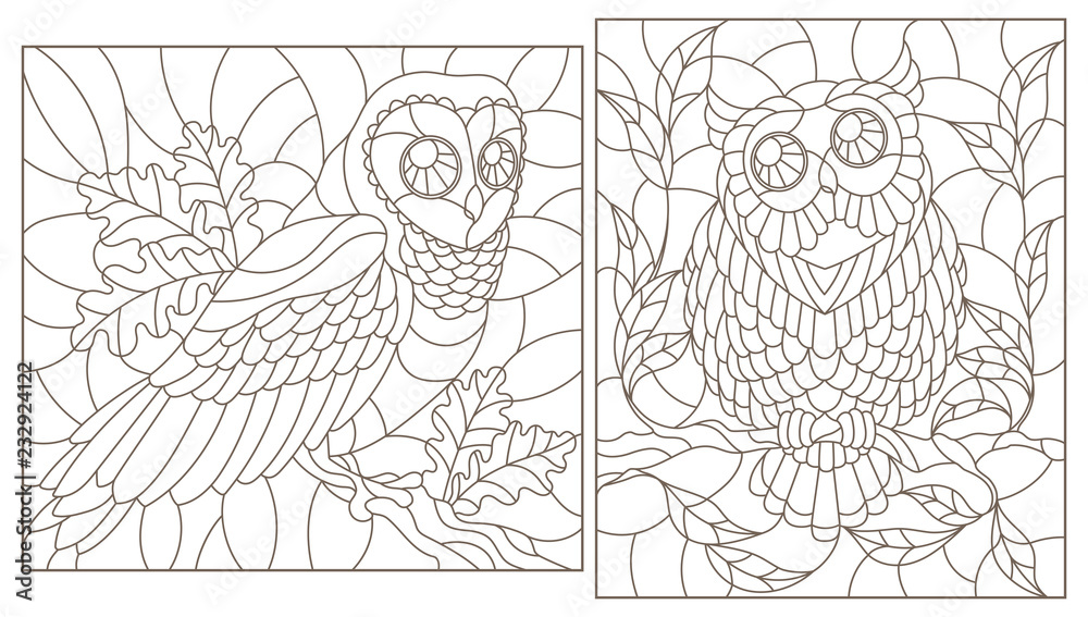 Set of contour illustrations with owls, dark contours on white background Set of contour illustrations with owls, dark contours on white background