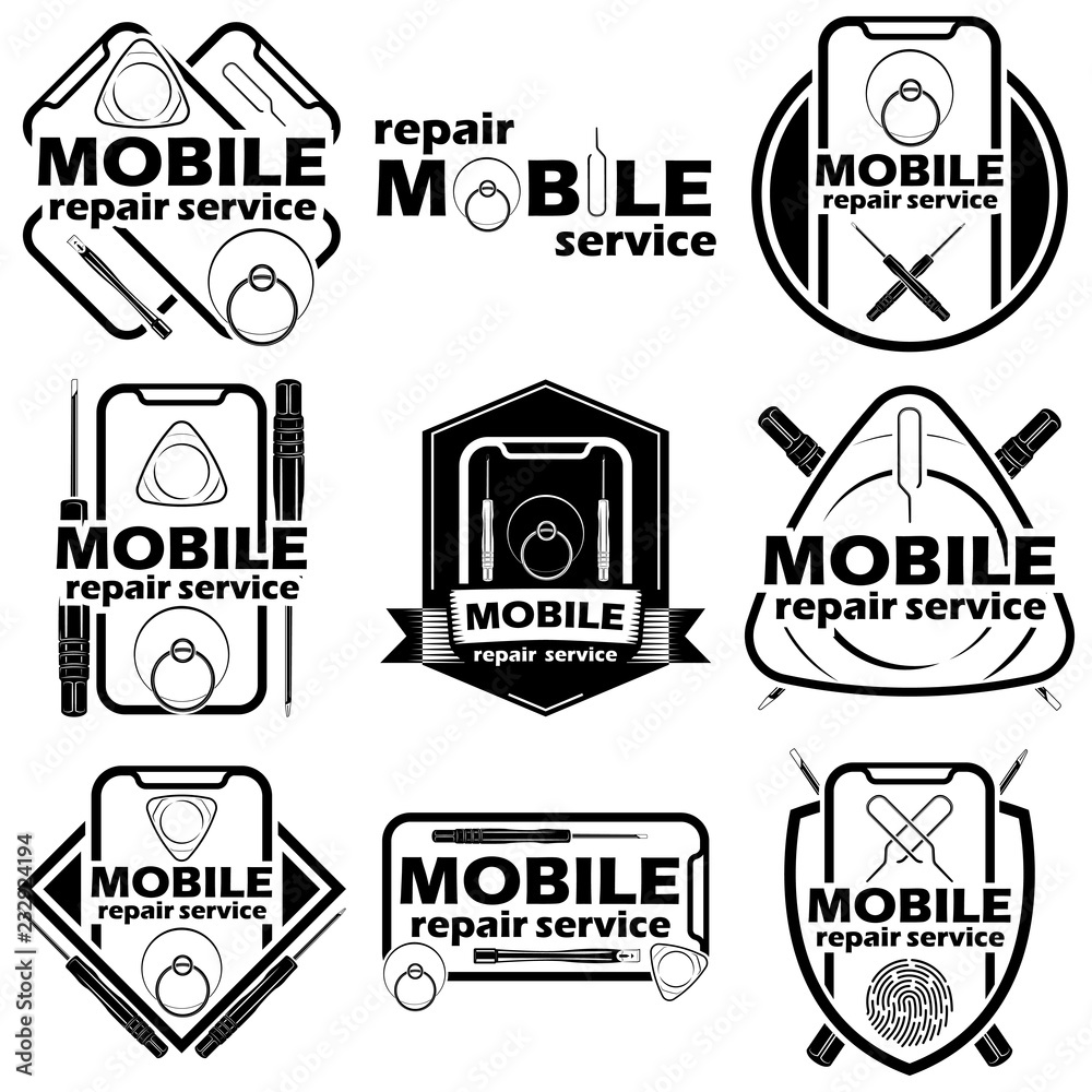 Set of nine mobile repair service badge, monochrome style, vector 

