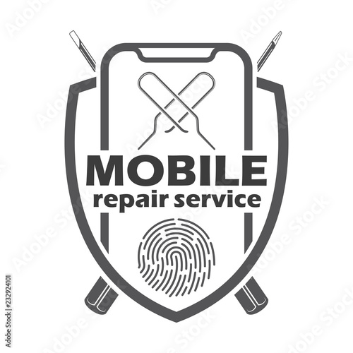 Mobile repair service logotype and badge on white background, monochrome style, vector 
