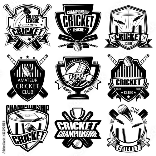 Set of nine cricket badge, emblem team tournament template, vector
