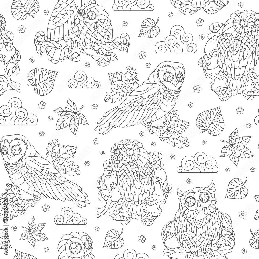 Seamless pattern with abstract owls, leaves and flowers, dark outline illustration on white background