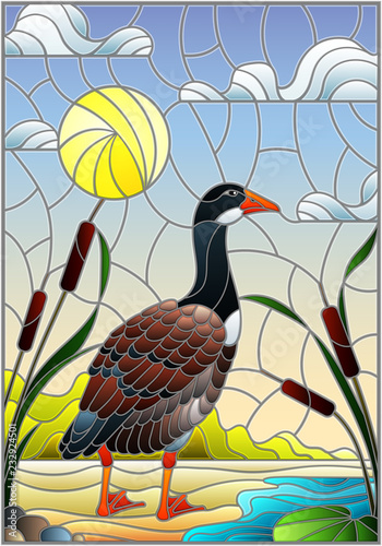 Illustration in stained glass style with wild goose on beach background with reeds and Sunny sky