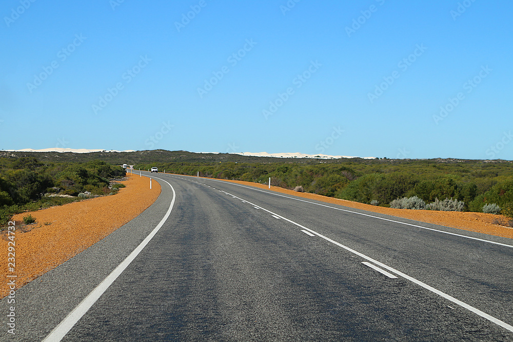 Indian Ocean Drive with shifting dunes of white sand in the distance, Western Australia