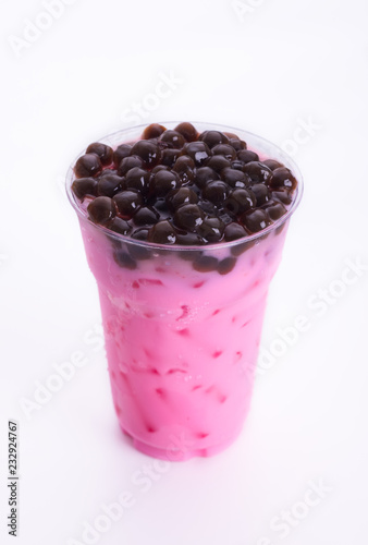 color of  tea with bubble in plastic glass with white background,bubble milk tea