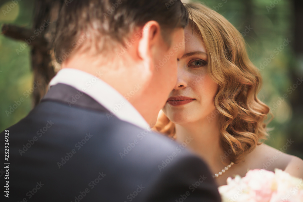 bride and groom kiss on the background of trees and forest