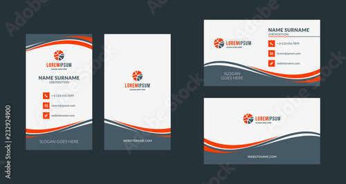 Double-sided creative business card template. Portrait and landscape orientation. Horizontal and vertical layout. Red and black color theme. Vector illustration photo