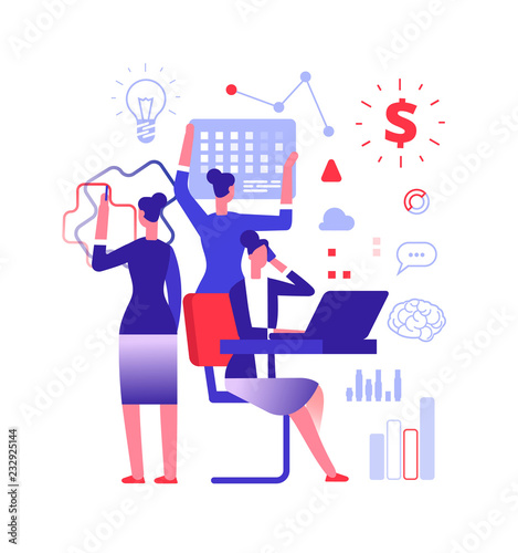 Multitasking concept. Businesswoman solving urgent tasks. Project management, achievement and work skill vector illustration. Business woman multitasking, businesswoman work