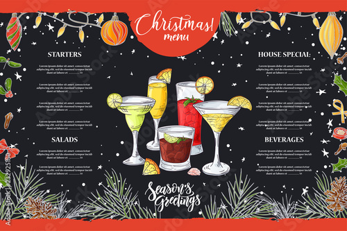 Chalk drawning Christmas menu design. Winter design template for cafe, restaurant. Food, beverages and holiday elements in hand drawn sketch style. Vector illustration
