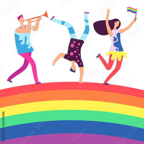 Lgbt parade. People holding rainbow flag. Gay love pride, sexual discrimination protest on rainbow. Illustration of homosexual equality, parade gay and lesbian