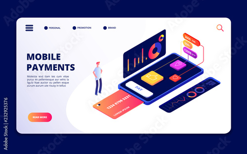 Mobile payments. Smartphone banking app, data protection and security devices. Safe internet shopping vector concept. Smartphone payment, mobile app online transaction illustration