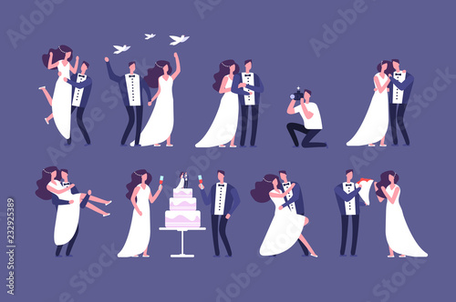 Wedding couples. Bride and groom on marriage ceremony. Getting married people characters isolated set. Couple wedding, groom and bride, romantic together illustration