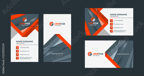 Double-sided creative business card template. Portrait and landscape orientation. Horizontal and vertical layout. Red and black color theme. Vector illustration