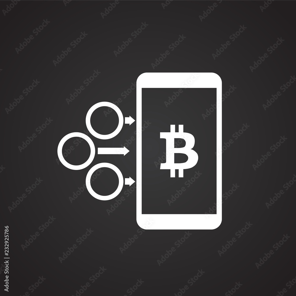 Bitcoin on mobile device on black background icon Bitcoin on mobile device on black background icon