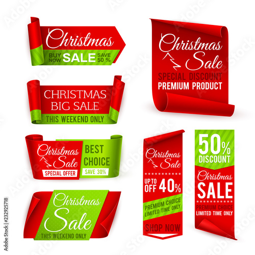 Christmas sale banners. Red silk ribbons with christmas discount and winter xmas holiday offer text. Vector set of sale christmas label, discount banner xmas illustration