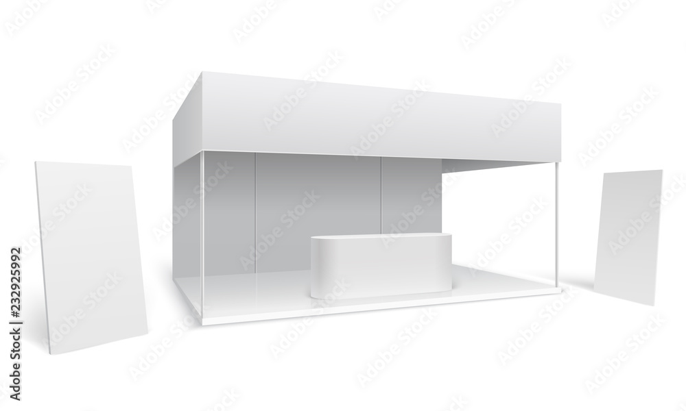 Exhibition trade stand. White empty event marketing booth. Promotion stand with display and standing banners 3d vector mockup. Presentation and exhibition, promotion booth illustration Exhibition trade stand. White empty event marketing booth. Promotion stand with display and standing banners 3d vector mockup. Presentation and exhibition, promotion booth illustration