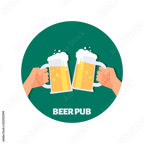 Beer pub vector icon design. Two hands holding beer glasses. Illustration of beer drink, pub emblem