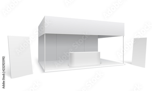 Exhibition trade stand. White empty event marketing booth. Promotion stand with display and standing banners 3d vector mockup. Presentation and exhibition, promotion booth illustration