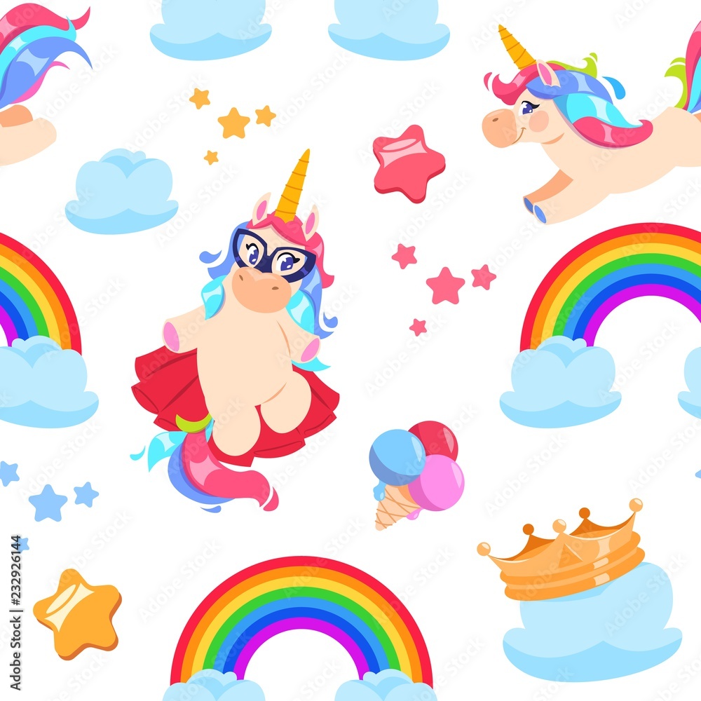 Cute unicorn seamless pattern. Baby pony, rainbow horse. Girl bedroom fairytale vector wallpaper. Illustration of unicorn and pony with rainbow and clouds