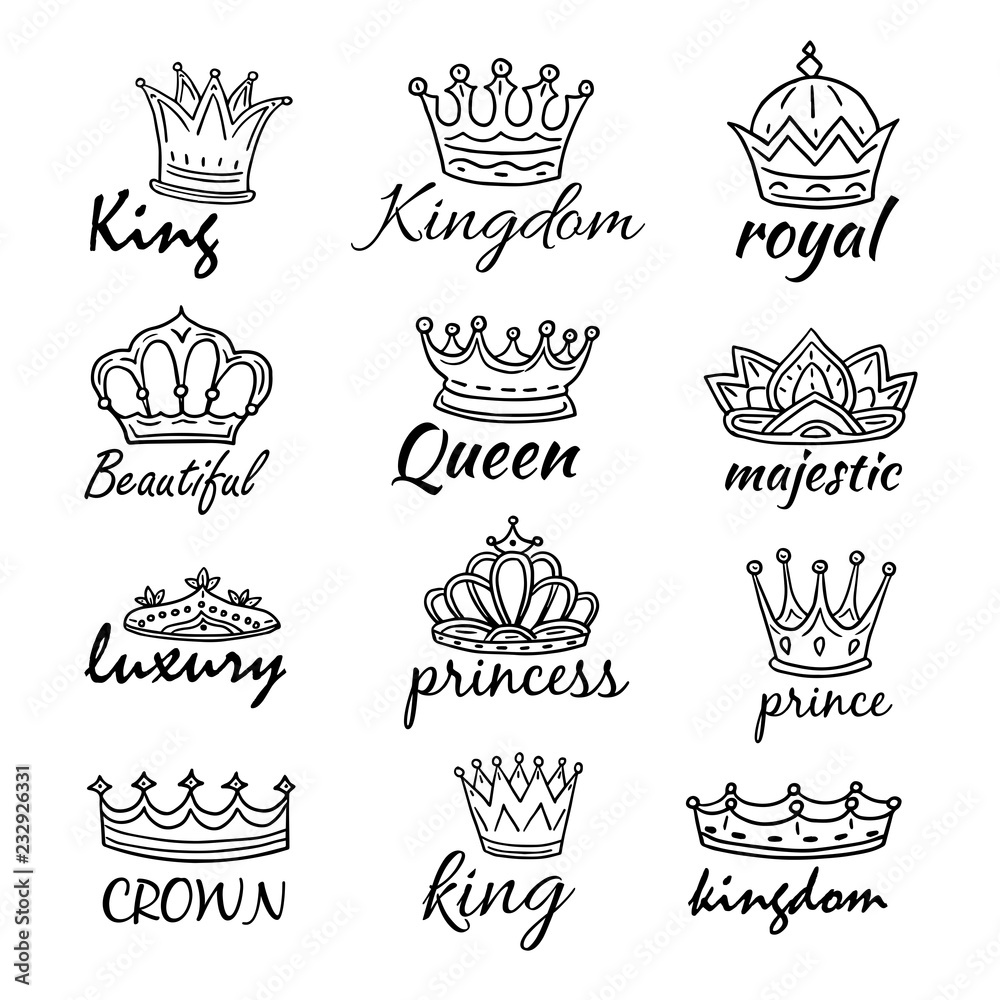 Sketch crowns. Hand drawn king, queen crown and princess tiara ...