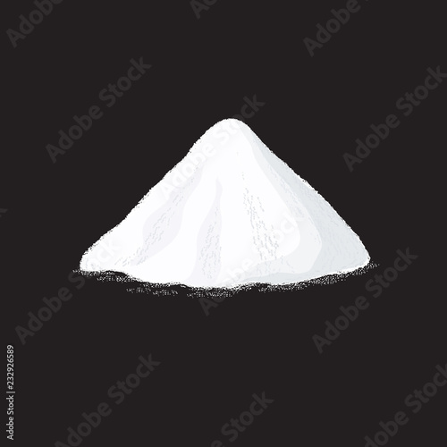 Salt pile. White sugar powder heap vector illustration on black background. Powder heap natural, salt or soda