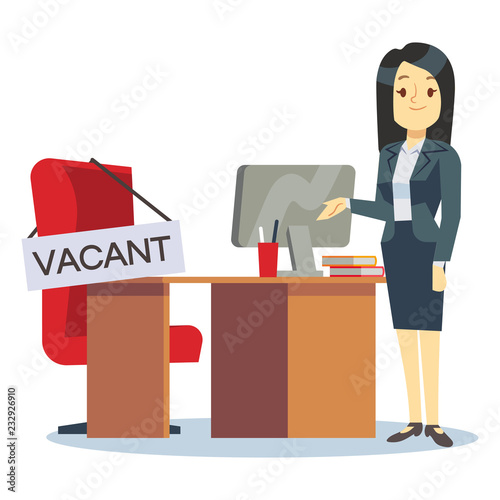 Employment, vacancy and hiring job vector concept. Cartoon character HR manager and office workplace. Illustration of manager hr welcome to vacant place