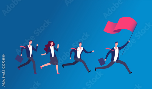 People holding flag and running. Business leader leading office team. Leadership vector concept. Illustration of leader man business with red flag