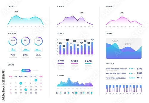 Ui dashboard. Modern infographic with gradient finance graphs, statistics chart and column diagrams. Analysis internet vector report. Illustration of chart and diagram, graph and infographic photo