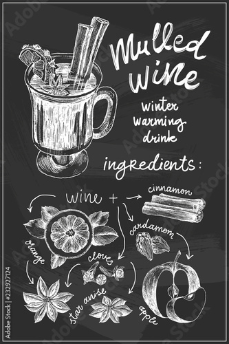 Vector chalk sketch drawing set. Mulled wine ingredients. Mulled wine glass, orange and apple slice, cardamom, star anise, cinnamon stick, clove on chalkboard. Winter menu, Christmas background.