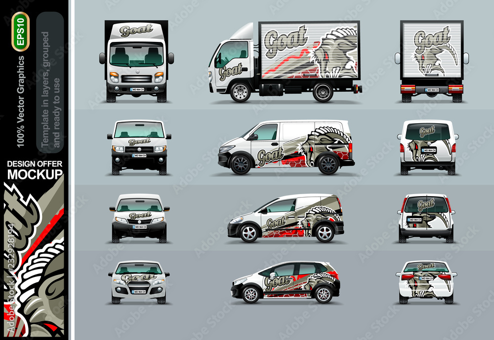 Naklejka premium Goat head in an abstract composition. Layout offers for your business. Mockup in layers and ready to use.