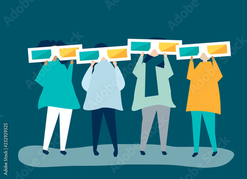 Characters of people holding 3d glasses illustration
