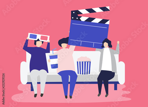 Characters of people holding movie icons illustration