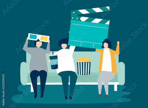 Characters of people holding movie icons illustration