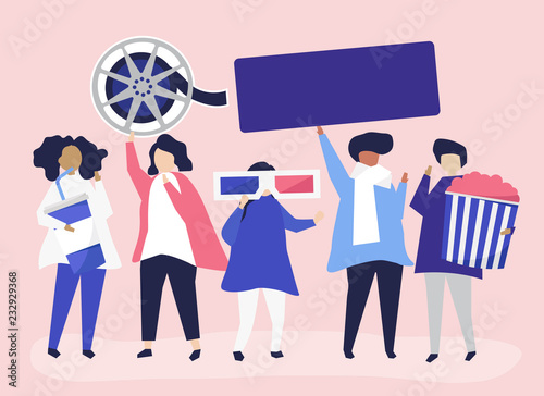 Characters of people holding movie icons illustration