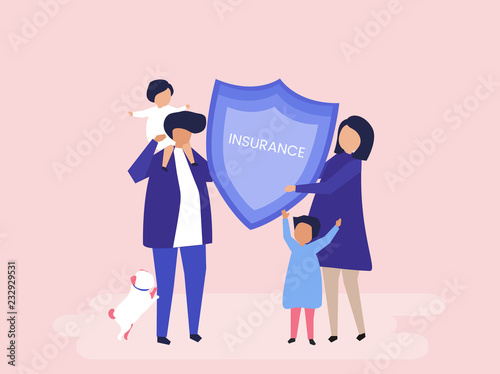 Character of a family holding an insurance illustration