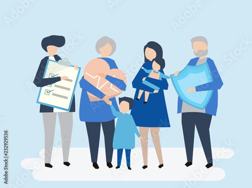 Characters of an extended family with healthcare illustration