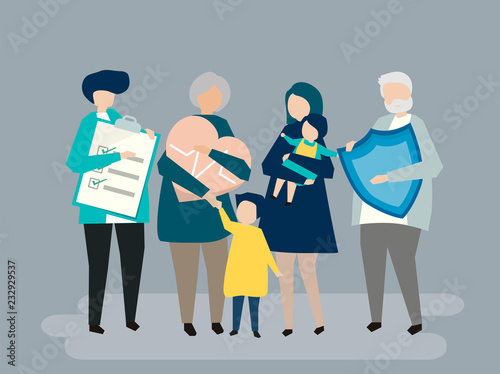 Characters of an extended family with healthcare illustration