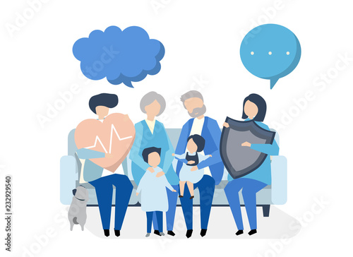 Characters of an extended family with healthcare illustration