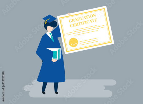 Character of a graduate holding a graduation certificate illustration
