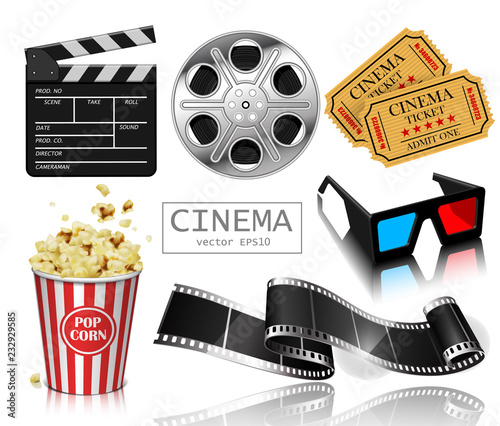 The set of items related to the film industry . Popcorn, reel, film, clapperboard, tickets. Highly detailed illustration.