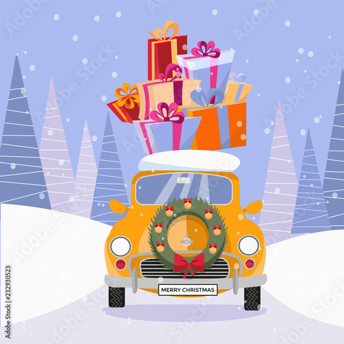 Flat vector cartoon illustration of retro car with presents and christmas tree on the top. Little classic yellow car carrying gift boxes on its rack. Vehicle is located in front, decorated with wreath