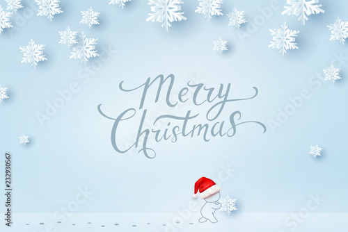 Christmas card with paper snow flakes. Santa claus and snowflake on blue background. Vector xmas winter concept.