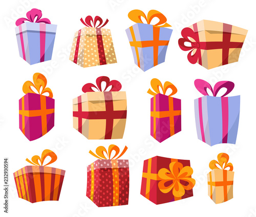 Vector set of different colorful curved perspective gift boxes. Beautiful present box with overwhelming bow. Christmas gift box. Beautiful wrapped gift boxes. Vector flat volume cartoon illustration.