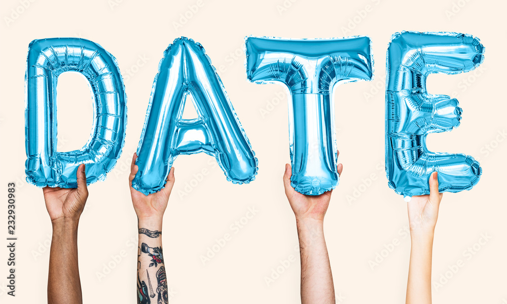 Blue alphabet balloons forming the word date
