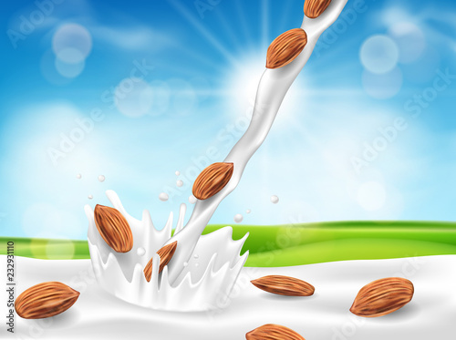 Almond milk or yogurt pouring down with splash and seeds. Realistic milk drop on sunny blue sky background with green grass. vector illustration