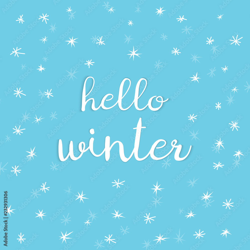 Hello Winter. Blue winter background with snowflakes and text. Vector illustration. Hello Winter. Blue winter background with snowflakes and text. Vector illustration.