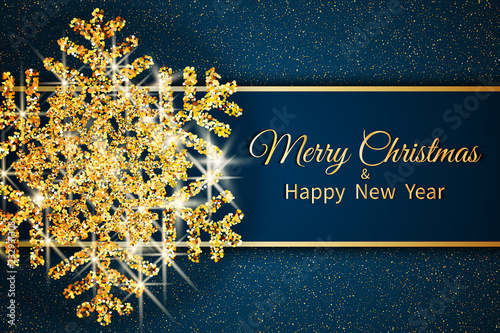 Merry Christmas greeting card. Gold snowflake and glitter on Dark blue background. Merry Christmas and Happy New Year text.