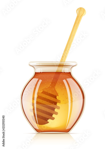 Jar and dipper for honey. Glass can preservation liquid food.